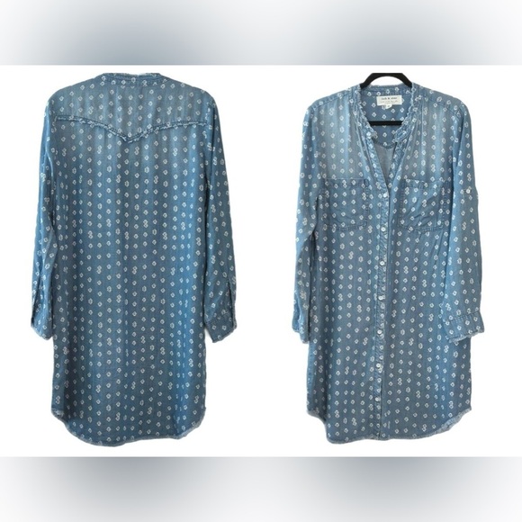 Cloth & Stone Anthropologie Women’s Print Chambray Roll Tab Shirt Dress - Picture 7 of 9